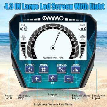 OMMO Metal Detector, Analog Pointer Metal Detector for Adults with 4.3IN Backlight Screen 10'' Waterproof Coil, All &Disc&PP Mode, for Detecting Gold Coin Treasure Hunting