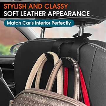 LANVRION Car Headrest Hooks for Purses and Bags, Upgraded 2 in 1 Cars Back Seat Head Rest Hanger Vehicle Leather Organizer Storage Holder Hook Matching Cars Interior, 2-Pack, Black