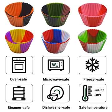 Silicone Rainbow Combo Cupcake Liners with Pastry Bag, Reusable & Non-stick Baking Cups, Standard Muffin Cups Chocolate Holders Truffle Cups (12PCS,6 Colors)