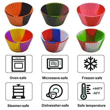 Silicone Rainbow Combo Cupcake Liners with Pastry Bag, Reusable & Non-stick Baking Cups, Standard Muffin Cups Chocolate Holders Truffle Cups (12PCS,6 Colors)