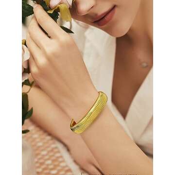 KeyStyle Gold Bracelets For Women, Chunky Link Bangle Stretch Bracelet, Stainless Steel Wristband Statement Jewelry for Her