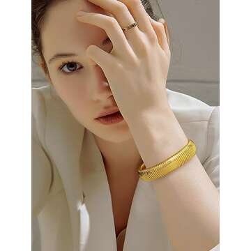 KeyStyle Gold Bracelets For Women, Chunky Link Bangle Stretch Bracelet, Stainless Steel Wristband Statement Jewelry for Her