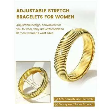 KeyStyle Gold Bracelets For Women, Chunky Link Bangle Stretch Bracelet, Stainless Steel Wristband Statement Jewelry for Her