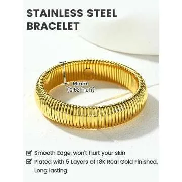 KeyStyle Gold Bracelets For Women, Chunky Link Bangle Stretch Bracelet, Stainless Steel Wristband Statement Jewelry for Her