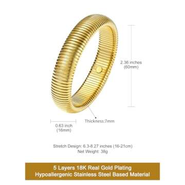 KeyStyle Gold Bracelets For Women, Chunky Link Bangle Stretch Bracelet, Stainless Steel Wristband Statement Jewelry for Her
