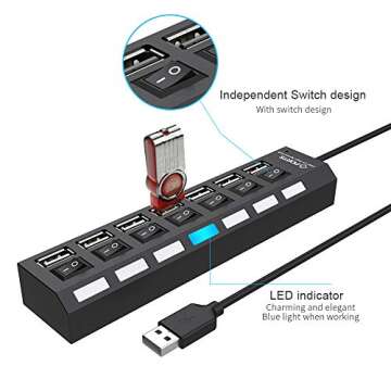 barsone Multi Port USB Hub Splitter, 7-Port USB 2.0 Hub for Laptop, USB Port Expander with On/Off In...