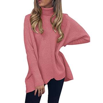 Caracilia Women Turtleneck Batwing Sweaters Oversized Tunic Sweater 2023 Fall Turtleneck High Low Sweater Pullover Knit Jumper Winter Clothes C8A7-pifen-L Pink