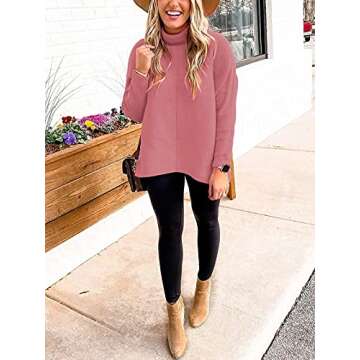 Caracilia Women Turtleneck Batwing Sweaters Oversized Tunic Sweater 2023 Fall Turtleneck High Low Sweater Pullover Knit Jumper Winter Clothes C8A7-pifen-L Pink