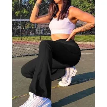 PINSPARK Women's High Waisted Bootcut Yoga Pants Ribbed Flare Yoga Pants Tummy Control Elastic Bootleg Gym Pants with Pockets Black XL