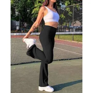 PINSPARK Women's High Waisted Bootcut Yoga Pants Ribbed Flare Yoga Pants Tummy Control Elastic Bootleg Gym Pants with Pockets Black XL