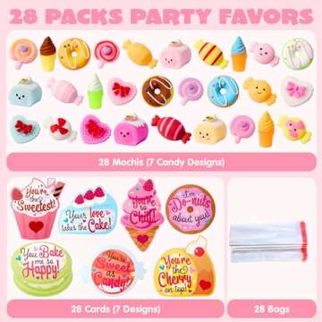 JOYIN 28 Packs Valentine’s Day Gift Cards with Candy Mochi Squishy Toys, Stress Relief Fidget Toys, Cute Squeeze Toys for Kids Valentine's Party Favors, Classroom Gift Exchange and School Reward