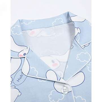Lelcaesar Cute Fashion Short Sleeve Cardigan Pajamas Set Kawaii Leisure Loose Two-Piece Sleepwear Set For Women Girls-M, Short Sleeve - Blue
