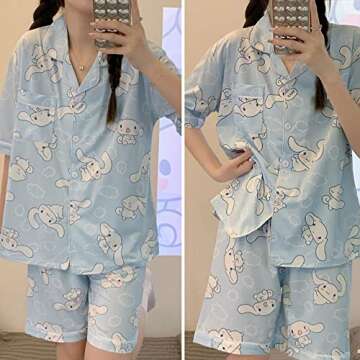 Lelcaesar Cute Fashion Short Sleeve Cardigan Pajamas Set Kawaii Leisure Loose Two-Piece Sleepwear Set For Women Girls-M, Short Sleeve - Blue