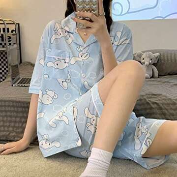 Lelcaesar Cute Fashion Short Sleeve Cardigan Pajamas Set Kawaii Leisure Loose Two-Piece Sleepwear Set For Women Girls-M, Short Sleeve - Blue
