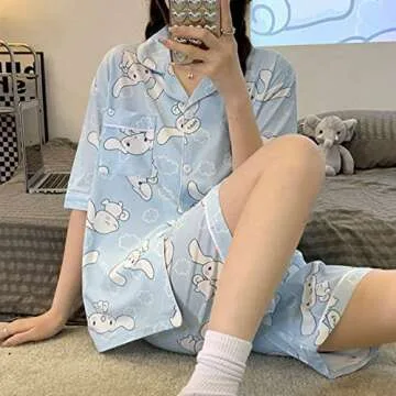 Lelcaesar Cute Fashion Short Sleeve Cardigan Pajamas Set Kawaii Leisure Loose Two-Piece Sleepwear Set For Women Girls-M, Short Sleeve - Blue