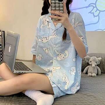Lelcaesar Cute Fashion Short Sleeve Cardigan Pajamas Set Kawaii Leisure Loose Two-Piece Sleepwear Set For Women Girls-M, Short Sleeve - Blue
