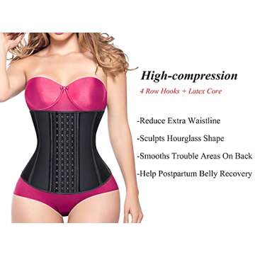 YIANNA Waist Trainer for Women Underbust Corsets Hourglass Sports Girdle Body Shaper 4 Hooks, (Size XS, Black)