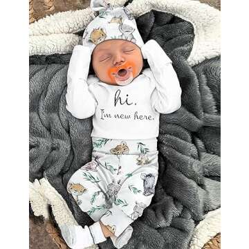 WIQI Newborn Boy Clothes White Newborn Boy Long Sleeve Hi I'm New Here Romper Cute Animal Pants with Hat 3pcs Newborn Coming Home From Hospital Outfit