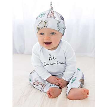 WIQI Newborn Boy Clothes White Newborn Boy Long Sleeve Hi I'm New Here Romper Cute Animal Pants with Hat 3pcs Newborn Coming Home From Hospital Outfit