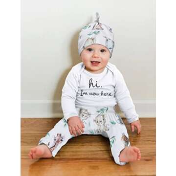WIQI Newborn Boy Clothes White Newborn Boy Long Sleeve Hi I'm New Here Romper Cute Animal Pants with Hat 3pcs Newborn Coming Home From Hospital Outfit