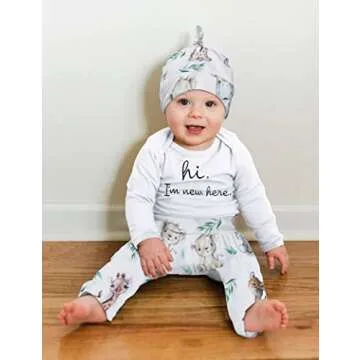 WIQI Newborn Boy Clothes White Newborn Boy Long Sleeve Hi I'm New Here Romper Cute Animal Pants with Hat 3pcs Newborn Coming Home From Hospital Outfit