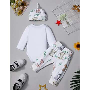 WIQI Newborn Boy Clothes White Newborn Boy Long Sleeve Hi I'm New Here Romper Cute Animal Pants with Hat 3pcs Newborn Coming Home From Hospital Outfit