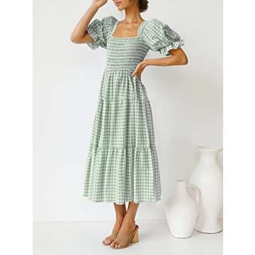 ZESICA Women's 2025 Bohemian Summer Plaid Square Neck Puff Sleeve Ruffle Flowy Beach Midi Dress,Green,Small