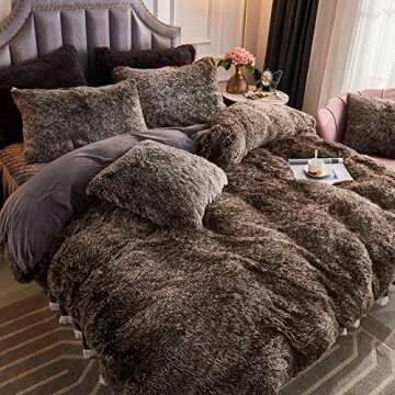 JAUXIO Luxury Plush Long Faux Fur 3 Pieces Bedding Set Shaggy Comforter Duvet Cover with Pillow Shams Ultra Soft Crystal Velvet Reverse (King, Dark Grey Ombre)