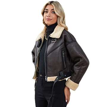 LY VAREY LIN Winter Women Faux Lamb Fur Leather Short Jacket Lapel Zipper Bomber Aviator Coat