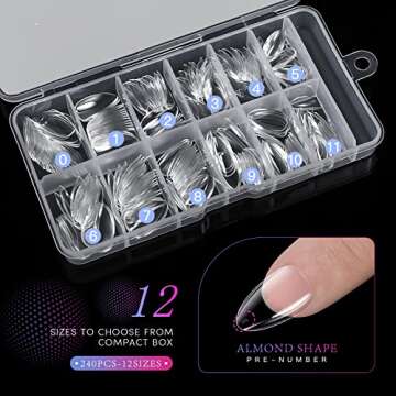 krofaue Short Almond Nails - 240Pcs Almond Clear Nail Tips 12 Sizes Almond Nail Tips, Artificial Acrylic False Nails, Full Cover Press on Nails Almond for Home DIY & Nail Tips Art