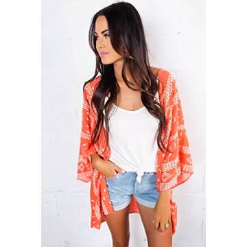 Yonala Women's Sheer Chiffon Blouse Loose Tops Kimono Floral Print Cardigan