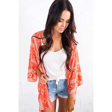 Yonala Women's Sheer Chiffon Blouse Loose Tops Kimono Floral Print Cardigan