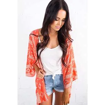 Yonala Women's Sheer Chiffon Blouse Loose Tops Kimono Floral Print Cardigan