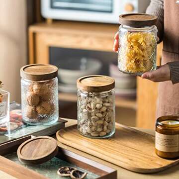 Snminetal Vintage Glass Kitchen Storage Counter Jar, Kitchen and Pantry Glass Storage, with Airtight Wood Lid for Cookies, Candy, Coffee Tea Beans, Grains,Food Storage Containers (plum-pattern*2)