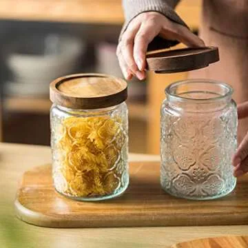Snminetal Vintage Glass Kitchen Storage Counter Jar, Kitchen and Pantry Glass Storage, with Airtight Wood Lid for Cookies, Candy, Coffee Tea Beans, Grains,Food Storage Containers (plum-pattern*2)