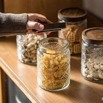 Snminetal Vintage Glass Kitchen Storage Counter Jar, Kitchen and Pantry Glass Storage, with Airtight Wood Lid for Cookies, Candy, Coffee Tea Beans, Grains,Food Storage Containers (plum-pattern*2)