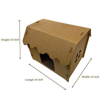 SVY Cozy Cat House with Scratcher Pad, Made of Corrugated Cardboard, Ideal for Cats & Kittens & Small Animals. 16"x12"x13"