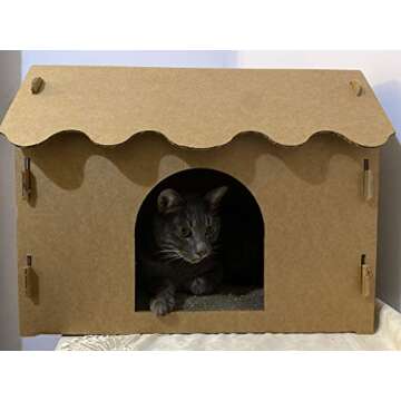 SVY Cozy Cat House with Scratcher Pad, Made of Corrugated Cardboard, Ideal for Cats & Kittens & Small Animals. 16"x12"x13"