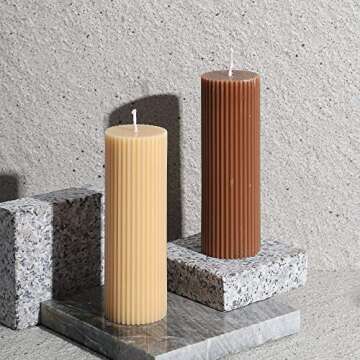 Ribbed Pillar Candles 2x6'' Inches Tall Brown Fluted Column Modern Home Décor Soy Wax Handmade Unscented (4-Pack), Aesthetic Decorative Textured Candle Set