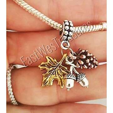 Tiny Pinecone Acorn Charm with Bracelet Necklace with Autumn Fall Maple Leaf Charm Jewelry gift for ...
