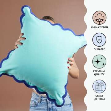 Folkulture Throw Pillow Covers 18x18, Set of 2 Cotton Scallop Pillow Cover, Decorative Pillows, Cute Outdoor Pillows, Boho Throw Pillows for Couch Pillows for Living Room, Blue Pillow Covers