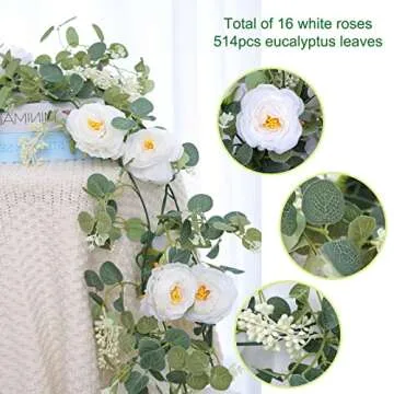 CEWOR 3pcs 17.4ft White Flower Garland, Artificial Eucalyptus Flower Garland with White Roses, Fake Rose Floral Greenery Garland for Wedding Arch Table Wall Room Decor