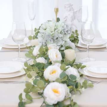 CEWOR 3pcs 17.4ft White Flower Garland, Artificial Eucalyptus Flower Garland with White Roses, Fake Rose Floral Greenery Garland for Wedding Arch Table Wall Room Decor