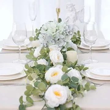 CEWOR 3pcs 17.4ft White Flower Garland, Artificial Eucalyptus Flower Garland with White Roses, Fake Rose Floral Greenery Garland for Wedding Arch Table Wall Room Decor