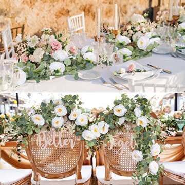 CEWOR 3pcs 17.4ft White Flower Garland, Artificial Eucalyptus Flower Garland with White Roses, Fake Rose Floral Greenery Garland for Wedding Arch Table Wall Room Decor