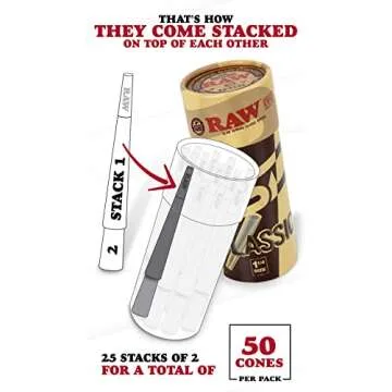 RAW Cones Classic 1-1/4 Size - 50 Pack - Slow Burning Pre Rolled Cones made of Paper with Tips & Pac...