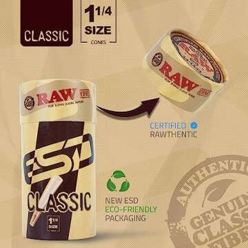 RAW Cones Classic 1-1/4 Size - 50 Pack - Slow Burning Pre Rolled Cones made of Paper with Tips & Packing Tubes Included