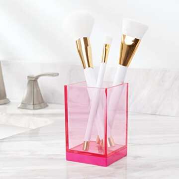 mDesign Modern Square Tumbler Cup for Bathroom Vanity Countertops - for Mouthwash/Mouth Rinse, Storing and Organizing Makeup Brushes, Eye Liners, Accessories - Slim Design - Pink