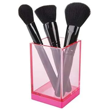 mDesign Modern Square Tumbler Cup for Bathroom Vanity Countertops - for Mouthwash/Mouth Rinse, Storing and Organizing Makeup Brushes, Eye Liners, Accessories - Slim Design - Pink