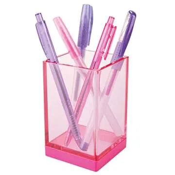 mDesign Modern Square Tumbler Cup for Bathroom Vanity Countertops - for Mouthwash/Mouth Rinse, Storing and Organizing Makeup Brushes, Eye Liners, Accessories - Slim Design - Pink